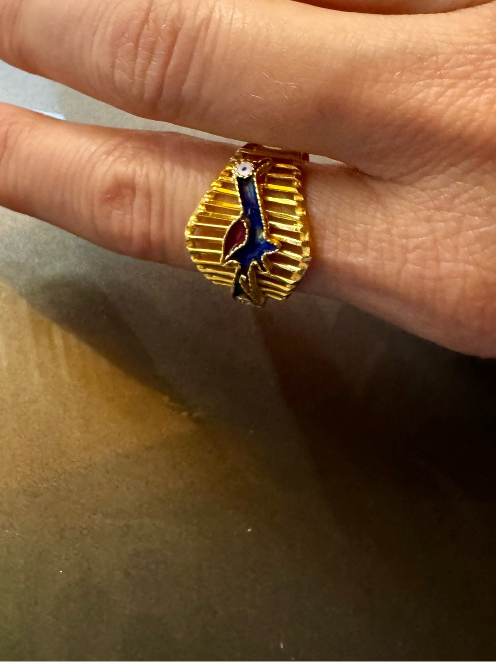 22K Solid Gold Bird Enamel Ring - Blue and Red Accent - Picture 4 of 7